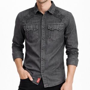 GUESS Black Denim Shirt Embroidered Slim Fit Snap Button Men XS